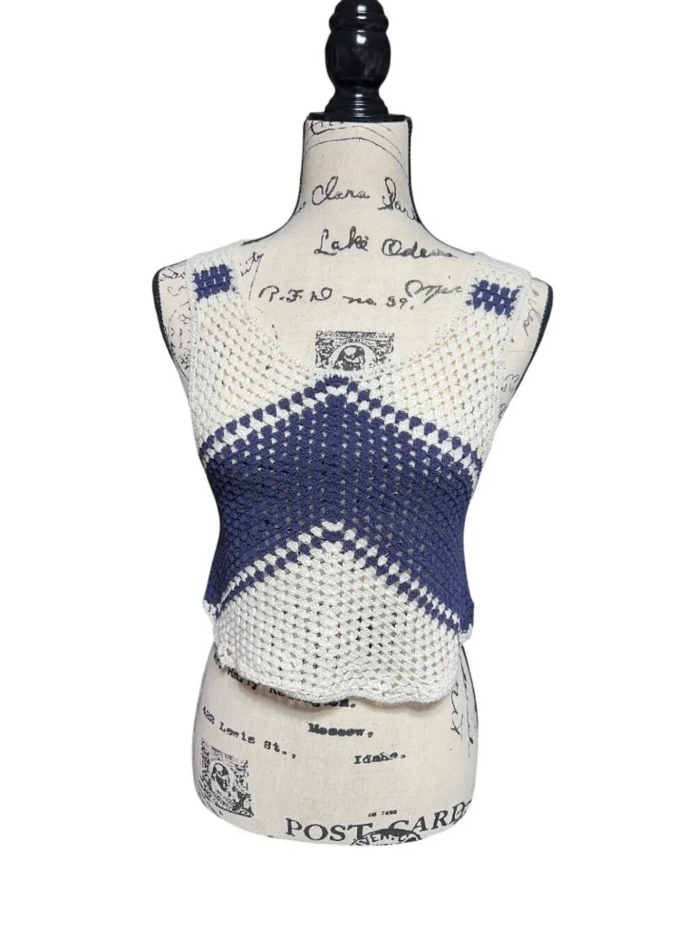 Sadie & Sage Crochet Knit Chevron Tank Top XS/S Cream & Navy Blue